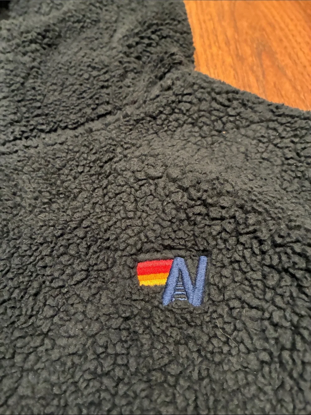 Aviator Nation Navy Blue Sherpa Zip Hoodie with Subtle Multicolor Logo